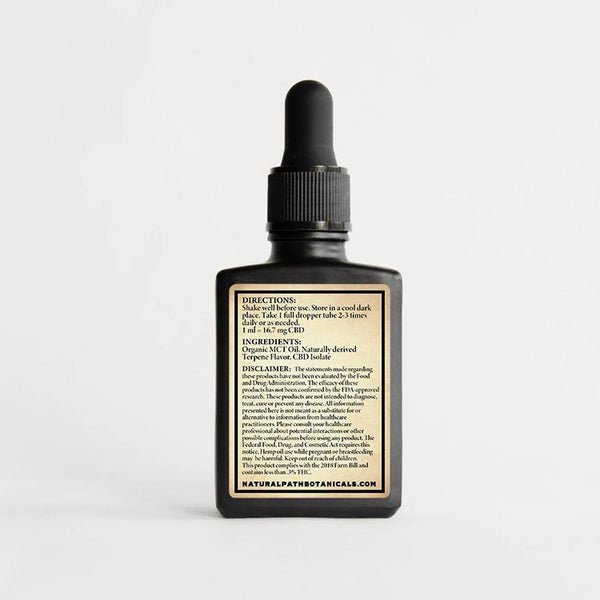 Supernatural 500 mg THC-Free CBD Oil from Natural Path Botanicals. Directions: Shake well before use. Store in a cool dark place. Take 1 full dropper tube 2-3 times daily or as needed. 1 mL = 16.7 mg CBD. Ingredients: Organic MCT Oil, Naturally derived Terpene Flavor, CBD Isolate. Formulated in Hayden, Colorado on sustainable family farms.