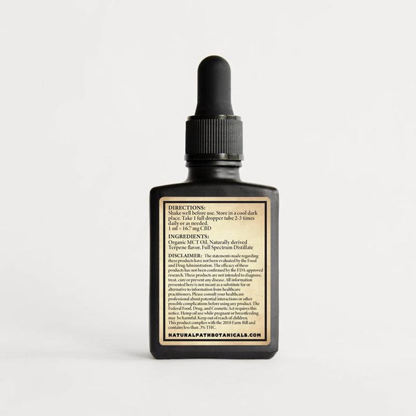 Supernatural 500 mg CBD Oil from Natural Path Botanicals. Directions: Shake well before use. Store in a cool dark place. Take 1 full dropper tube 2-3 times daily or as needed. 1 mL = 16mg CBD. Ingredients: Organic MCT Oil, Naturally derived Terpene Flavor, CBD Isolate. Formulated in Hayden, Colorado on sustainable family farms.